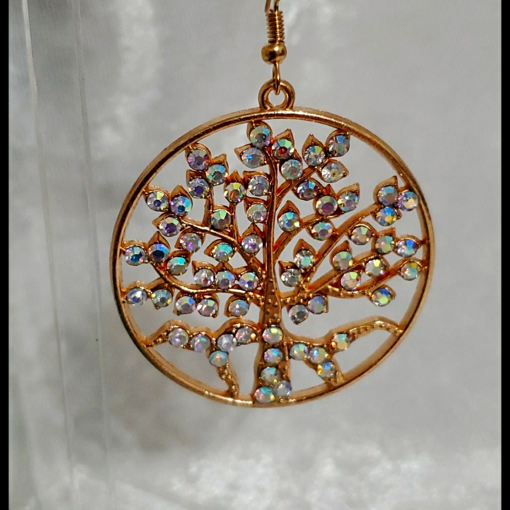Goldtone Aurora Borealis rhinestones 'tree of life' pierced earrings
